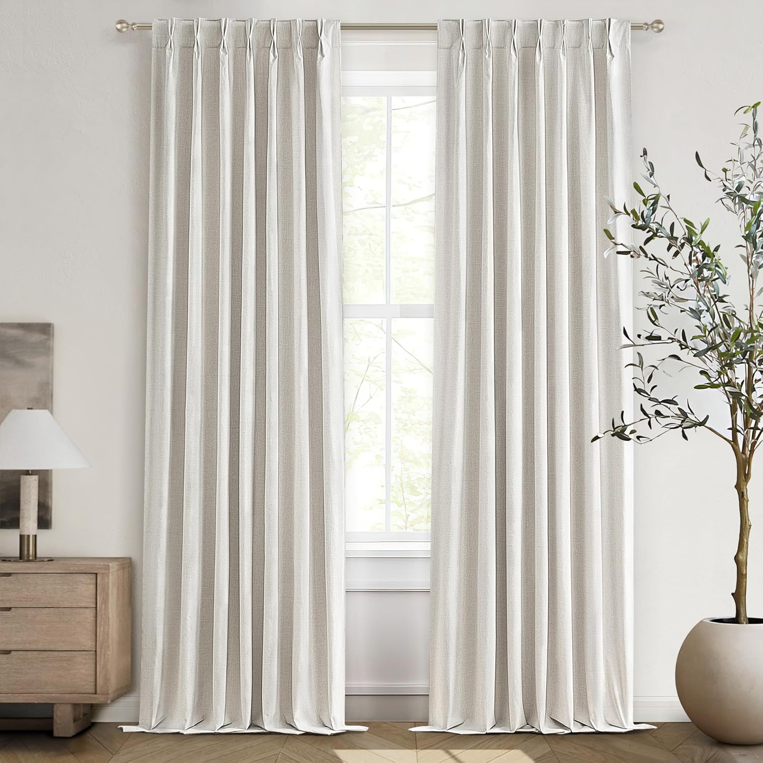 Lush Decor Wide Curtains for Windows 120 to 140 Blackout Linen 108 Inches Long, Pinch Pleated Thick 70 Inch Extra Wide Patio Door Curtain Panels 2 Set Drapes Floor to Ceiling Drapes Heavy Thermal