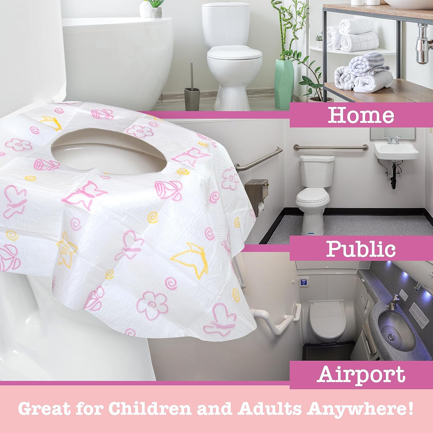 Toilet Seat Covers Disposable (40 Pack, Floral) - XL Waterproof Toilet Cover for Toddlers, Kids & Adults - Portable & Individually Wrapped for Travel, Potty Training & Public Restrooms