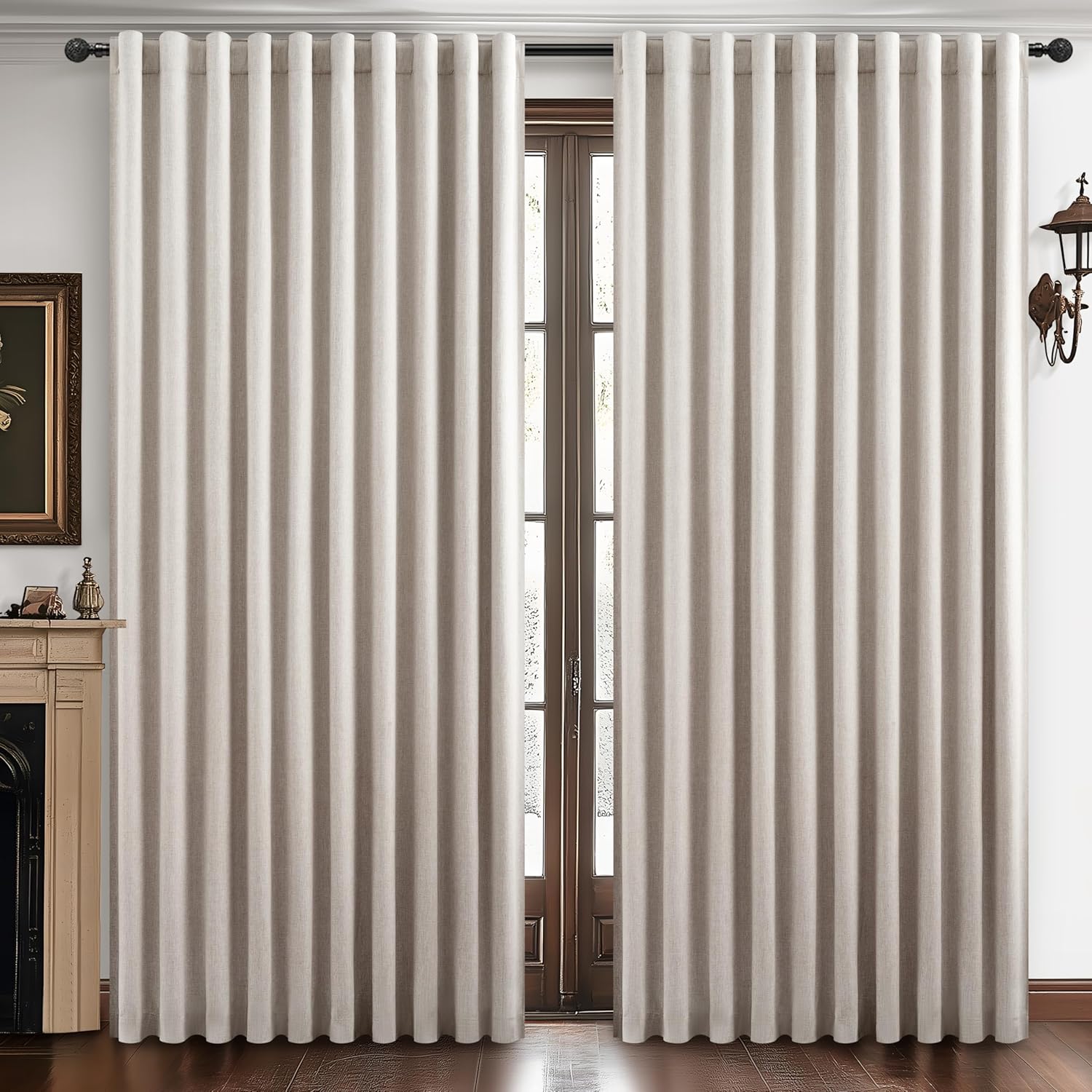 Extra Wide 70 Inch Length Blackout Curtains & Drapes 120 Inches Long 2 Panels Set for Sliding Glass Doors,Modern Pleated Linen Blend Heavy Floor to Ceiling Large Window Drapes(70"Wx120"Lx 2 Natural)