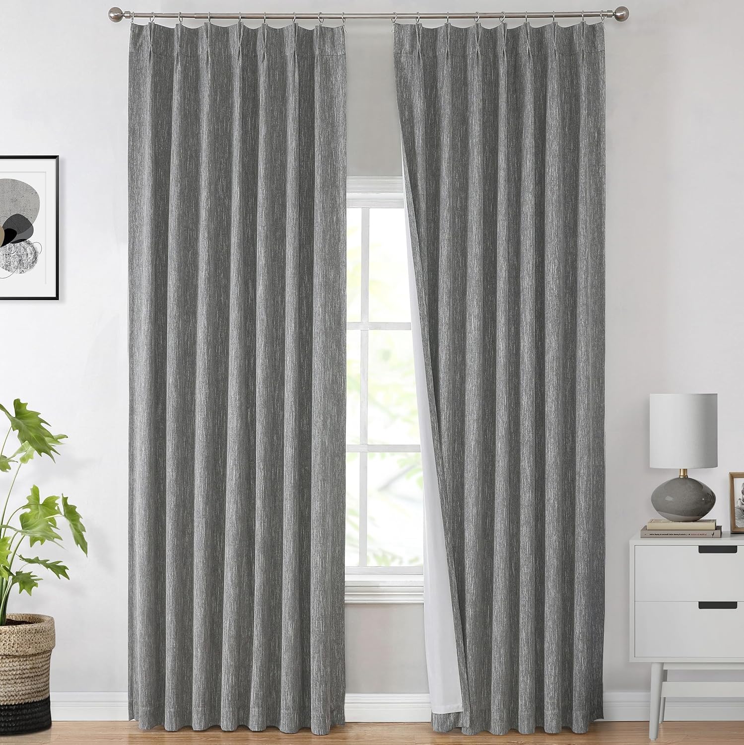 Vision Home Brown Pinch Pleated Full Blackout Curtains Linen Blended 60" Wide Thermal Insulated Window Panels 108 inch for Bedroom Living Room Darkening Pleat Drapes with Hooks Back Tab 60" Wx108 Lx1