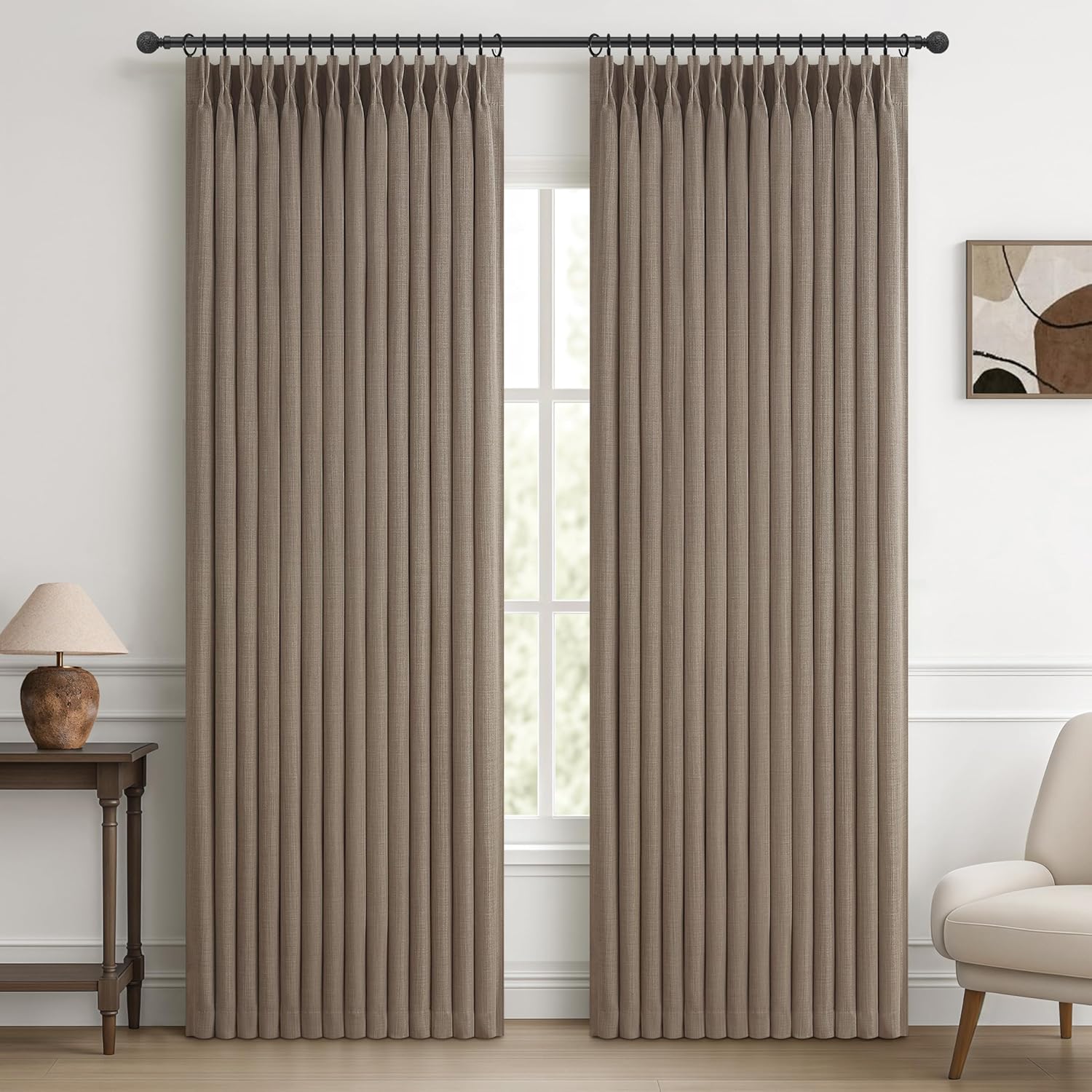 70 Inch Extra Wide Memory Trained Pinch Pleated Blackout Living Room Curtains 108 Inches Long, Warm Beige Linen 2 Layer Black Out Lux Decor Thermal Sound Dampening Curtain 70W x 108L 2 Panels Set