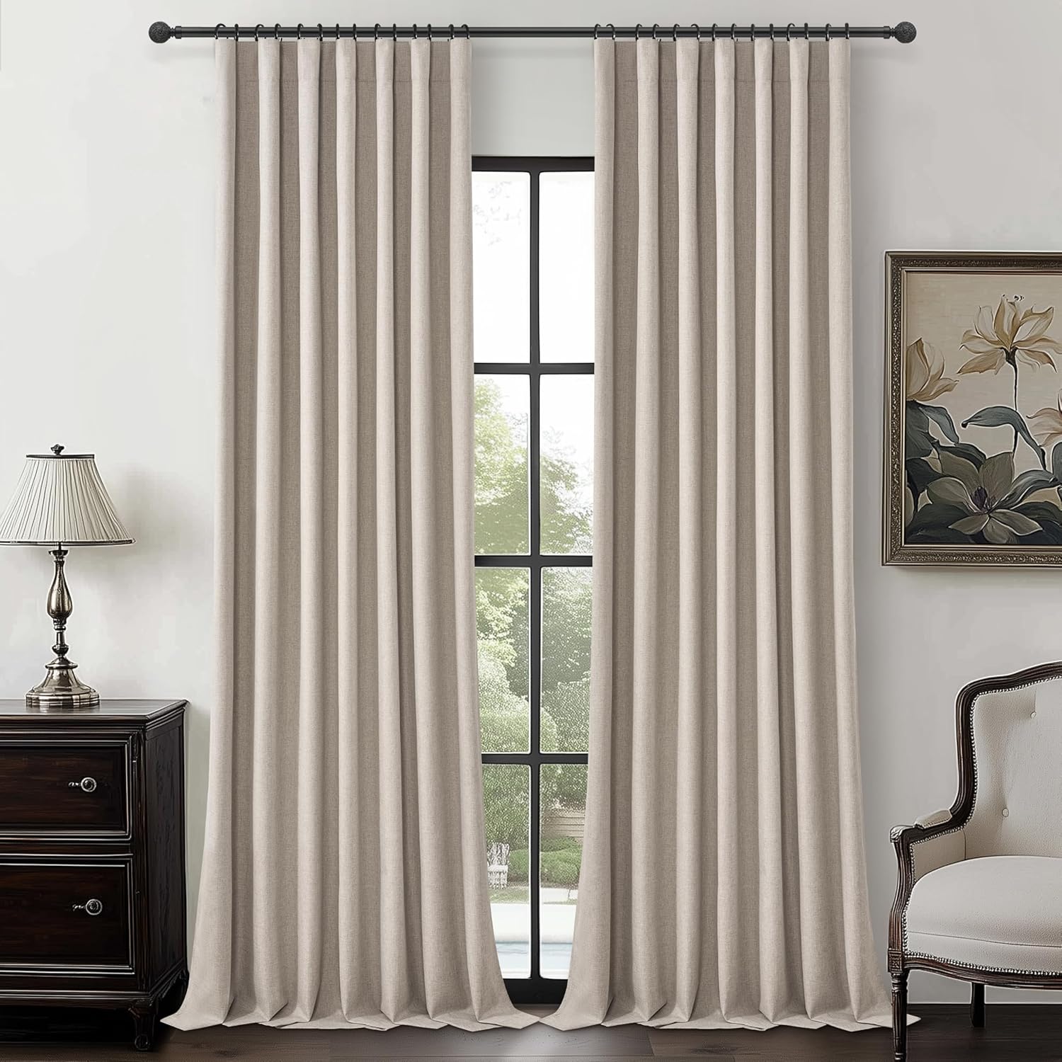 Extra Wide 70 Inch Length Blackout Curtains & Drapes 120 Inches Long 2 Panels Set for Sliding Glass Doors,Modern Pleated Linen Blend Heavy Floor to Ceiling Large Window Drapes(70"Wx120"Lx 2 Natural)
