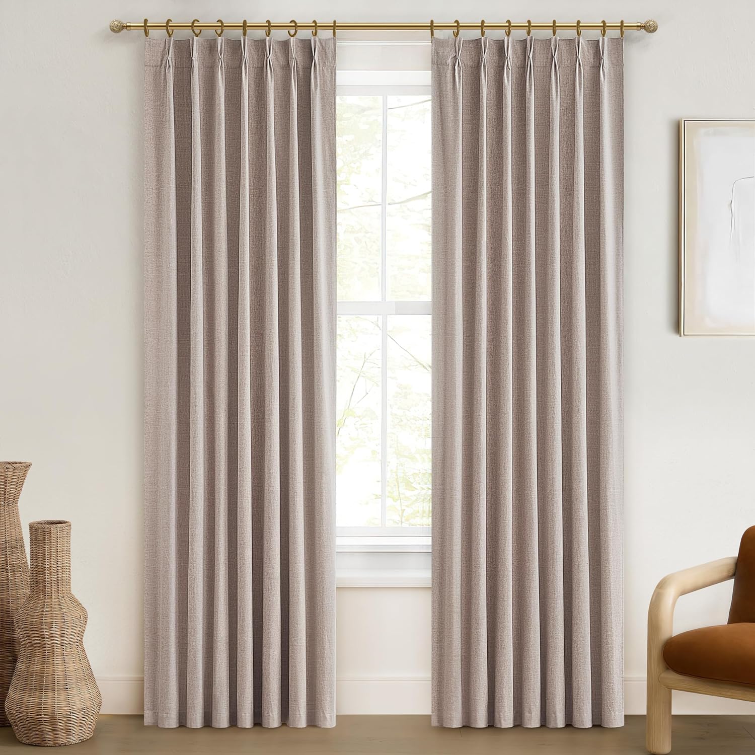 Lush Decor Wide Curtains for Windows 120 to 140 Blackout Linen 108 Inches Long, Pinch Pleated Thick 70 Inch Extra Wide Patio Door Curtain Panels 2 Set Drapes Floor to Ceiling Drapes Heavy Thermal