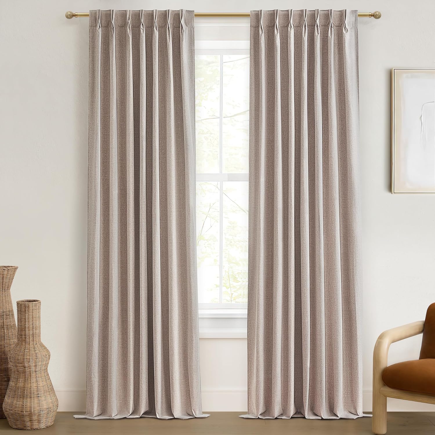 Lush Decor Wide Curtains for Windows 120 to 140 Blackout Linen 108 Inches Long, Pinch Pleated Thick 70 Inch Extra Wide Patio Door Curtain Panels 2 Set Drapes Floor to Ceiling Drapes Heavy Thermal