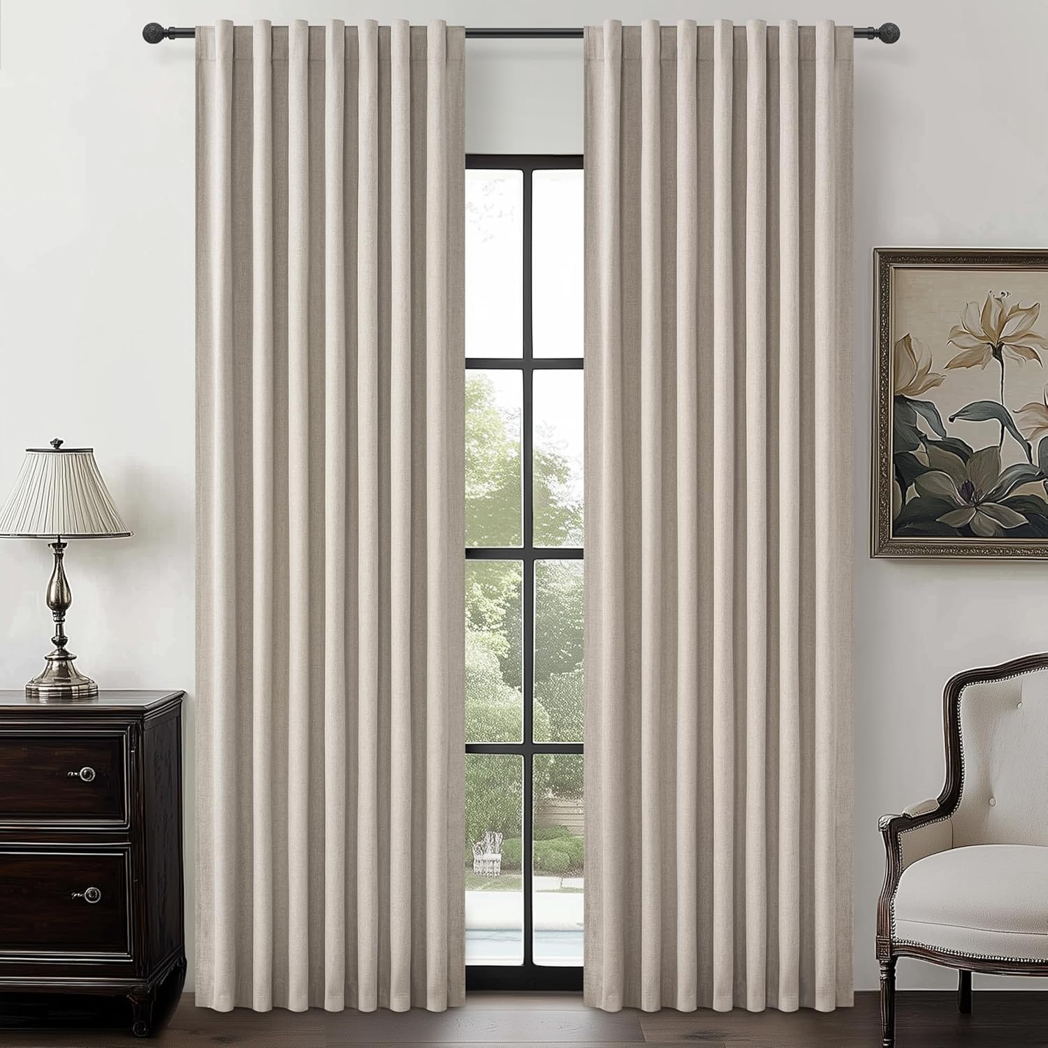 Extra Wide 70 Inch Length Blackout Curtains & Drapes 120 Inches Long 2 Panels Set for Sliding Glass Doors,Modern Pleated Linen Blend Heavy Floor to Ceiling Large Window Drapes(70"Wx120"Lx 2 Natural)