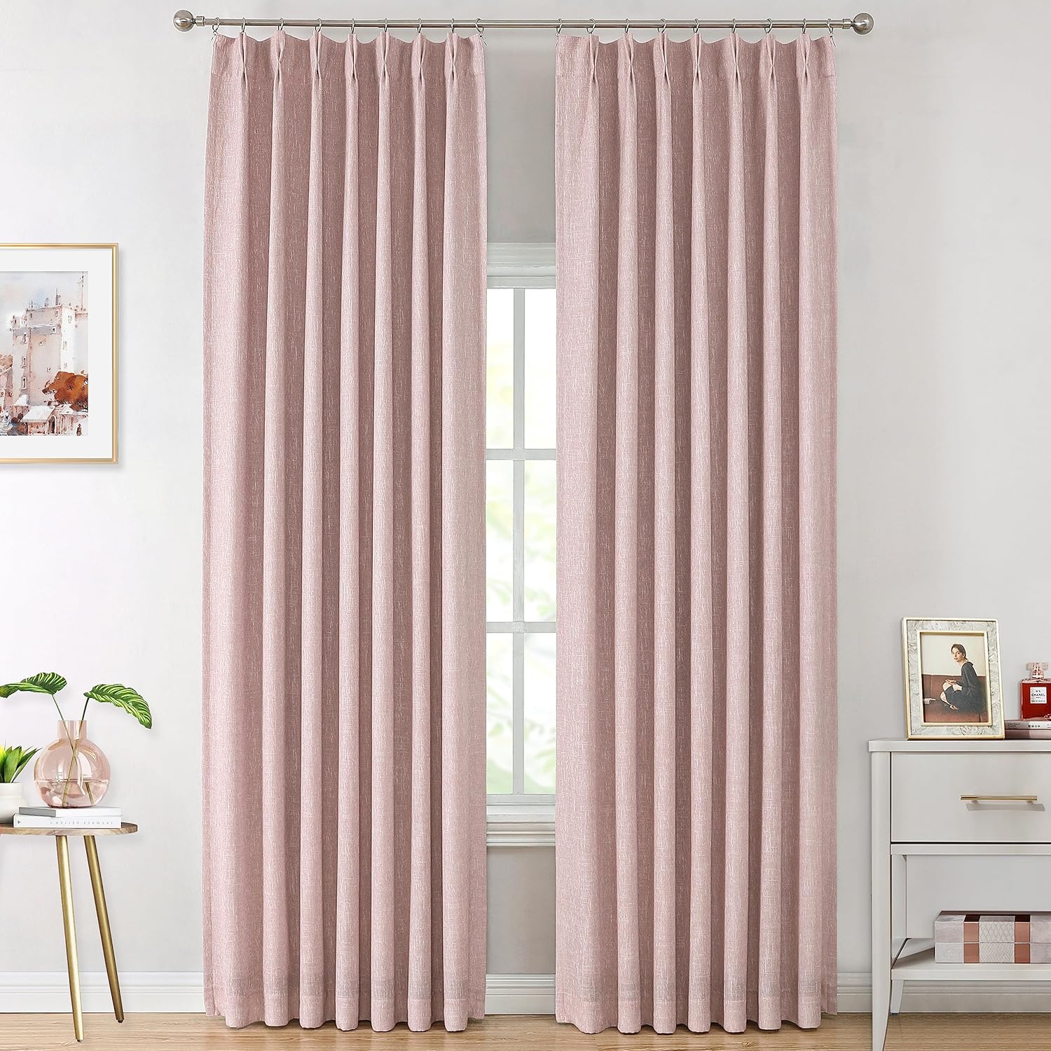 Vision Home Brown Pinch Pleated Full Blackout Curtains Linen Blended 60" Wide Thermal Insulated Window Panels 108 inch for Bedroom Living Room Darkening Pleat Drapes with Hooks Back Tab 60" Wx108 Lx1
