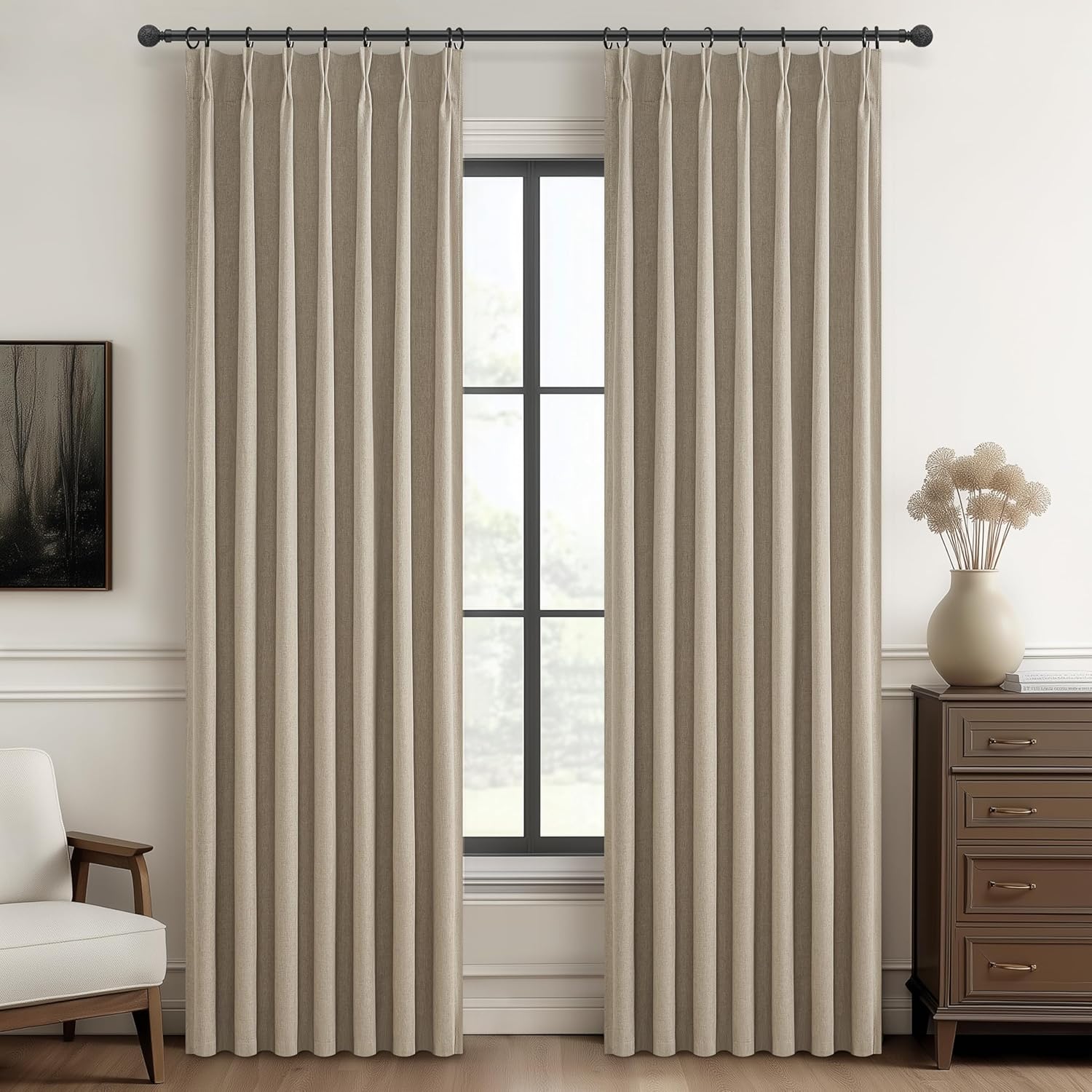 Lush Decor Wide Curtains for Windows 120 to 140 Blackout Linen 108 Inches Long, Pinch Pleated Thick 70 Inch Extra Wide Patio Door Curtain Panels 2 Set Drapes Floor to Ceiling Drapes Heavy Thermal