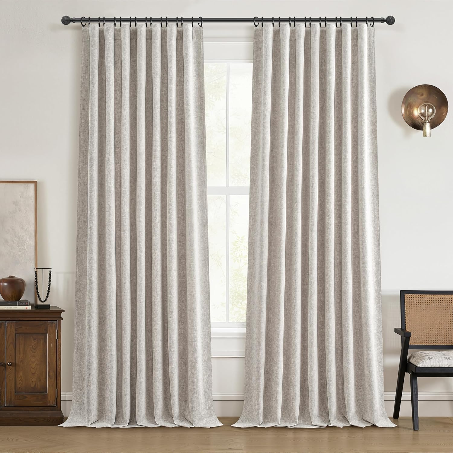 Extra Wide 70 Inch Length Blackout Curtains & Drapes 120 Inches Long 2 Panels Set for Sliding Glass Doors,Modern Pleated Linen Blend Heavy Floor to Ceiling Large Window Drapes(70"Wx120"Lx 2 Natural)