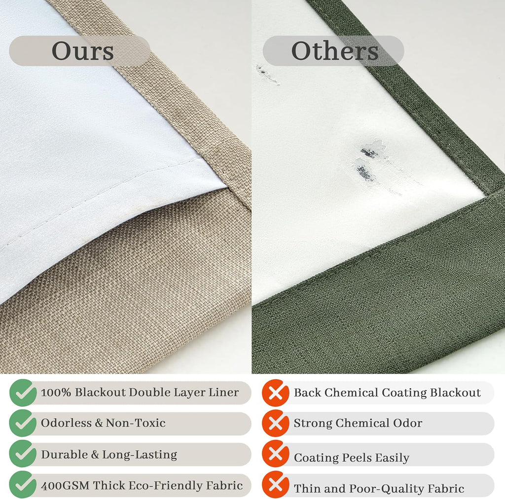 70 Inch Extra Wide Memory Trained Pinch Pleated Blackout Living Room Curtains 108 Inches Long, Warm Beige Linen 2 Layer Black Out Lux Decor Thermal Sound Dampening Curtain 70W x 108L 2 Panels Set