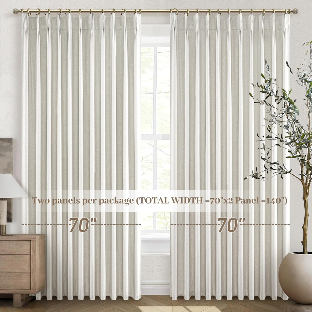 Lush Decor Wide Curtains for Windows 120 to 140 Blackout Linen 108 Inches Long, Pinch Pleated Thick 70 Inch Extra Wide Patio Door Curtain Panels 2 Set Drapes Floor to Ceiling Drapes Heavy Thermal