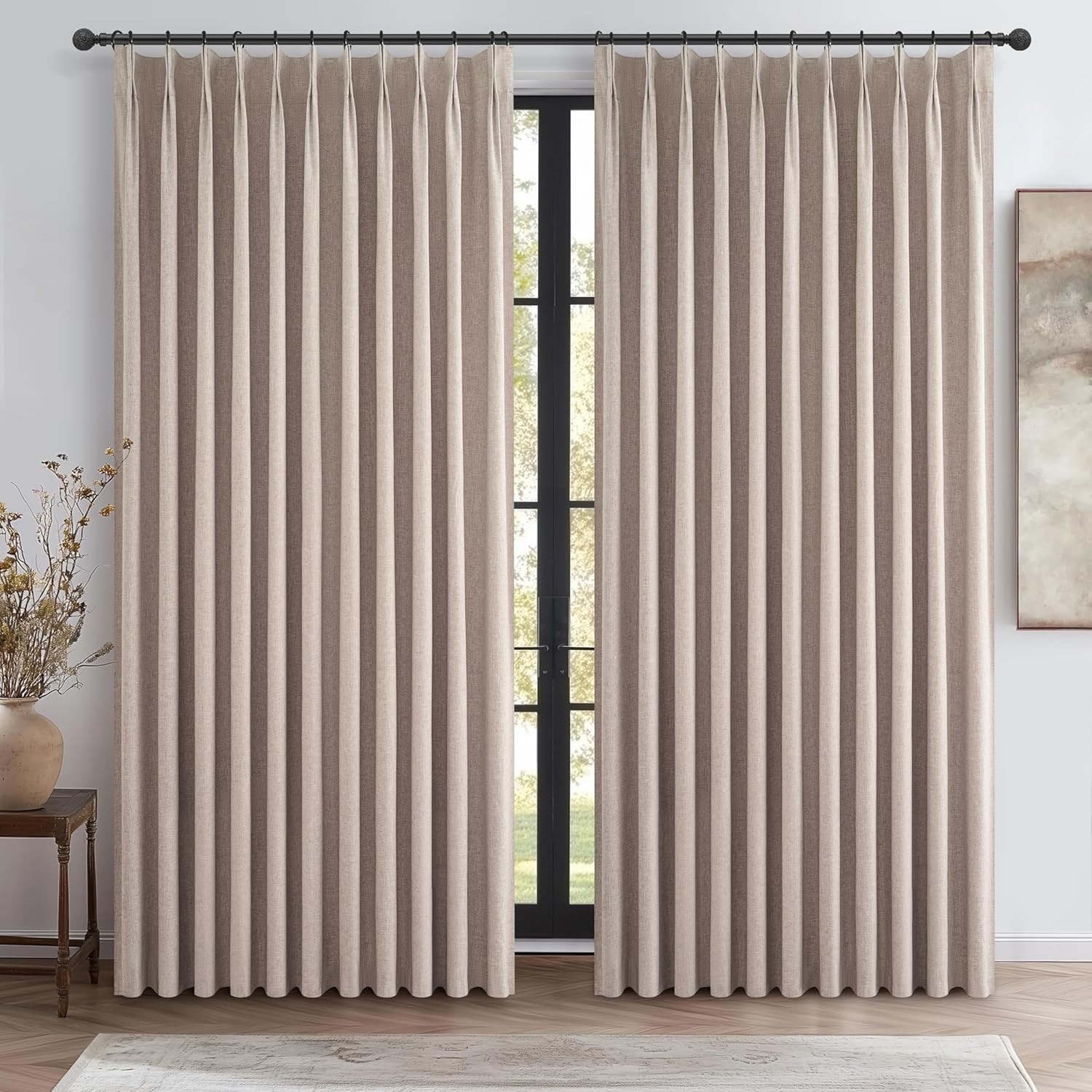 Lush Decor Wide Curtains for Windows 120 to 140 Blackout Linen 108 Inches Long, Pinch Pleated Thick 70 Inch Extra Wide Patio Door Curtain Panels 2 Set Drapes Floor to Ceiling Drapes Heavy Thermal
