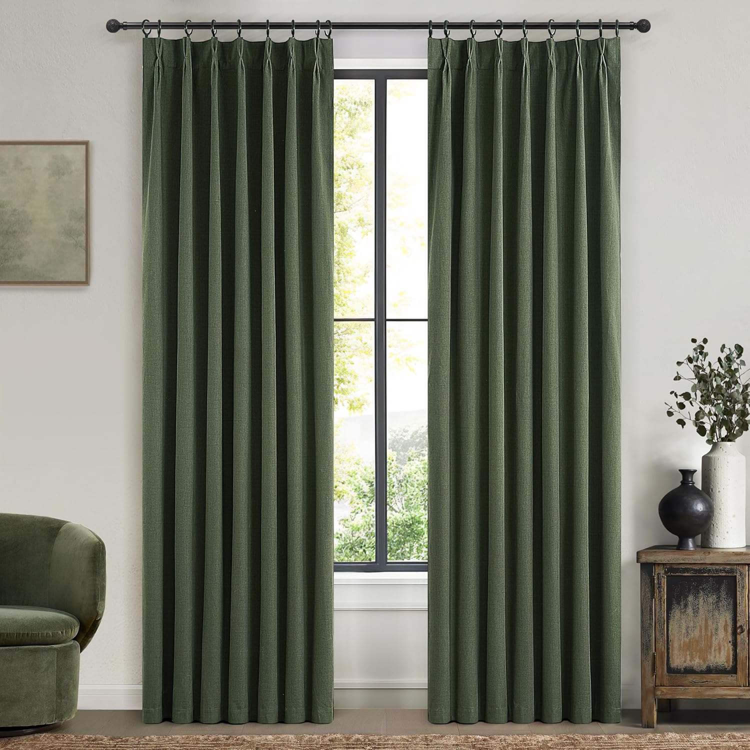 Lush Decor Wide Curtains for Windows 120 to 140 Blackout Linen 108 Inches Long, Pinch Pleated Thick 70 Inch Extra Wide Patio Door Curtain Panels 2 Set Drapes Floor to Ceiling Drapes Heavy Thermal