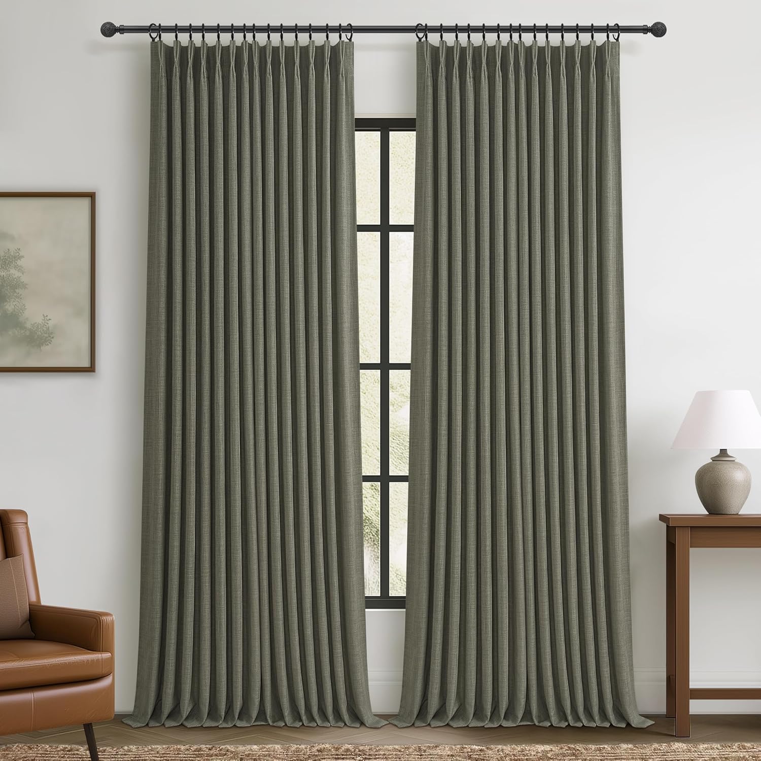 70 Inch Extra Wide Memory Trained Pinch Pleated Blackout Living Room Curtains 108 Inches Long, Warm Beige Linen 2 Layer Black Out Lux Decor Thermal Sound Dampening Curtain 70W x 108L 2 Panels Set