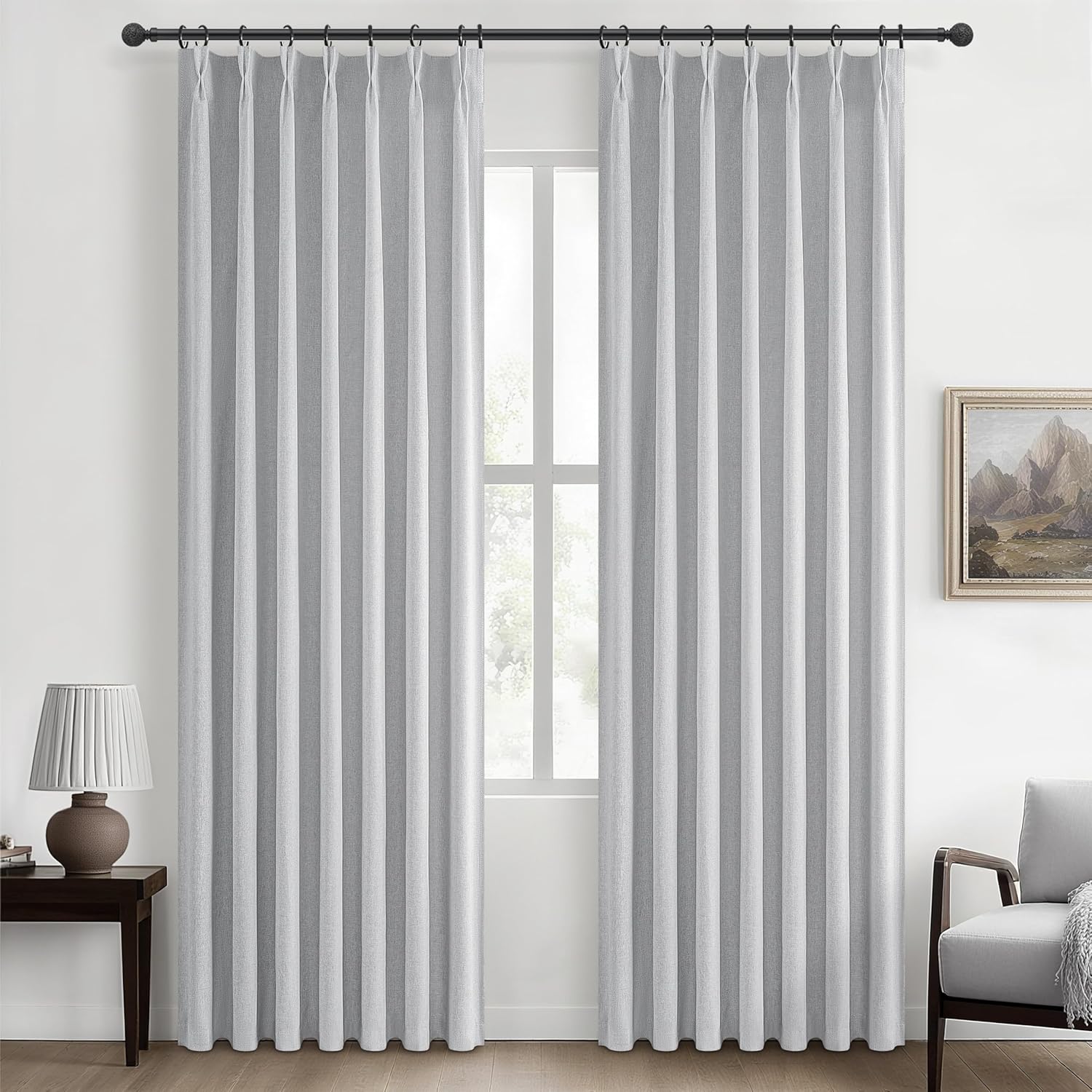 Lush Decor Wide Curtains for Windows 120 to 140 Blackout Linen 108 Inches Long, Pinch Pleated Thick 70 Inch Extra Wide Patio Door Curtain Panels 2 Set Drapes Floor to Ceiling Drapes Heavy Thermal