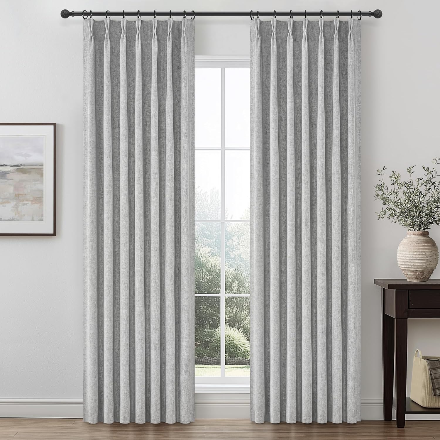 Lush Decor Wide Curtains for Windows 120 to 140 Blackout Linen 108 Inches Long, Pinch Pleated Thick 70 Inch Extra Wide Patio Door Curtain Panels 2 Set Drapes Floor to Ceiling Drapes Heavy Thermal