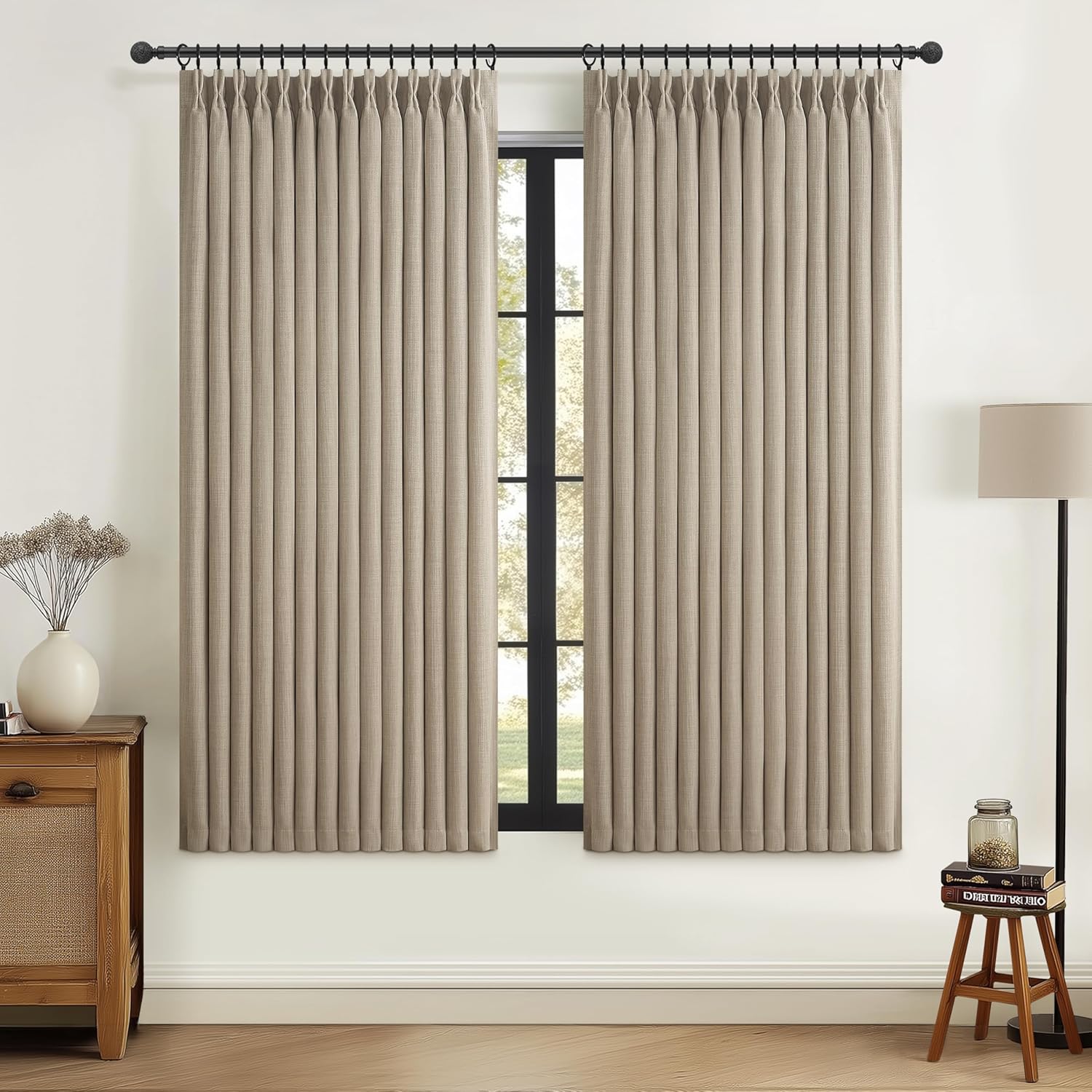 70 Inch Extra Wide Memory Trained Pinch Pleated Blackout Living Room Curtains 108 Inches Long, Warm Beige Linen 2 Layer Black Out Lux Decor Thermal Sound Dampening Curtain 70W x 108L 2 Panels Set