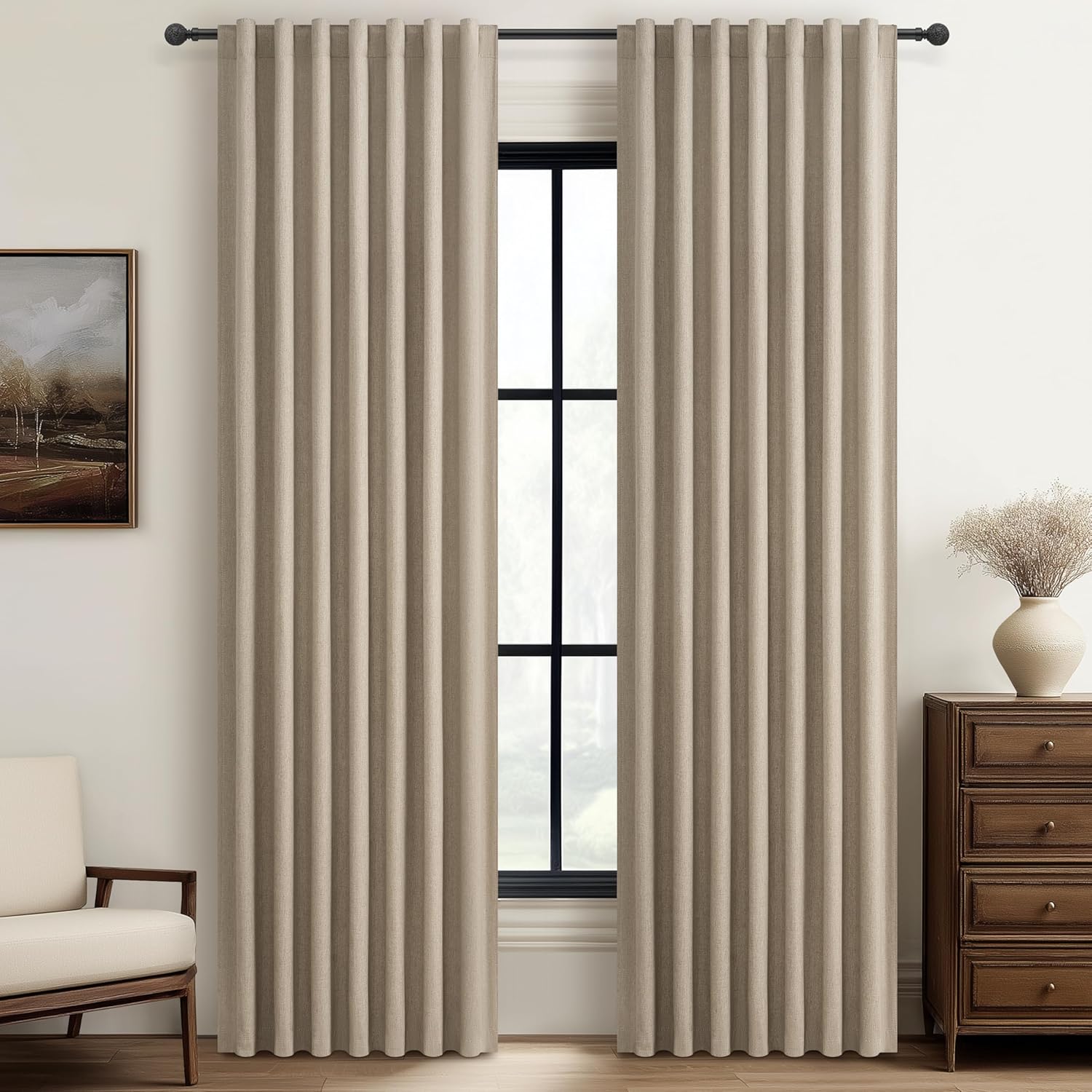 Extra Wide 70 Inch Length Blackout Curtains & Drapes 120 Inches Long 2 Panels Set for Sliding Glass Doors,Modern Pleated Linen Blend Heavy Floor to Ceiling Large Window Drapes(70"Wx120"Lx 2 Natural)