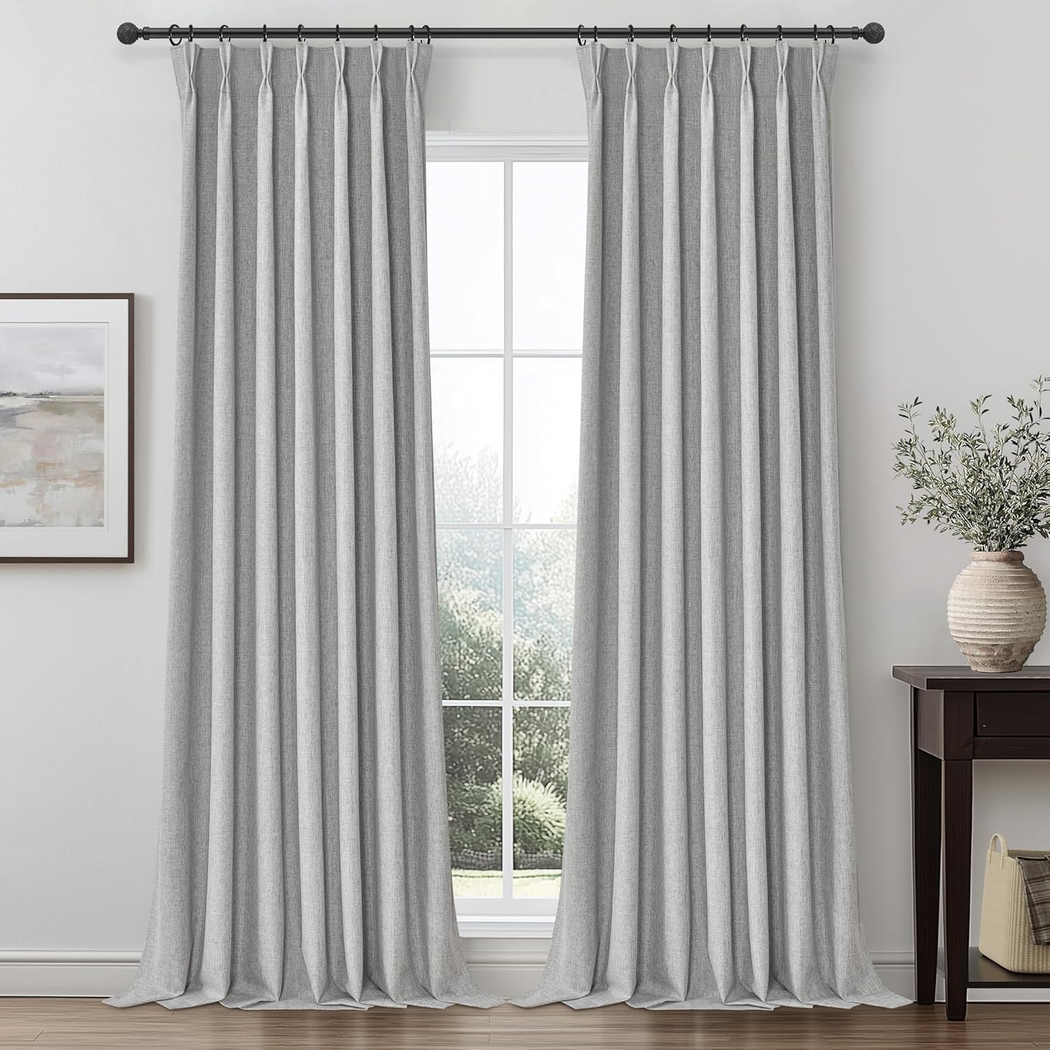 Lush Decor Wide Curtains for Windows 120 to 140 Blackout Linen 108 Inches Long, Pinch Pleated Thick 70 Inch Extra Wide Patio Door Curtain Panels 2 Set Drapes Floor to Ceiling Drapes Heavy Thermal