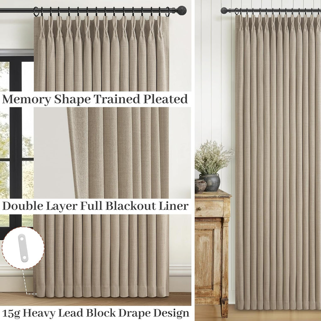 70 Inch Extra Wide Memory Trained Pinch Pleated Blackout Living Room Curtains 108 Inches Long, Warm Beige Linen 2 Layer Black Out Lux Decor Thermal Sound Dampening Curtain 70W x 108L 2 Panels Set