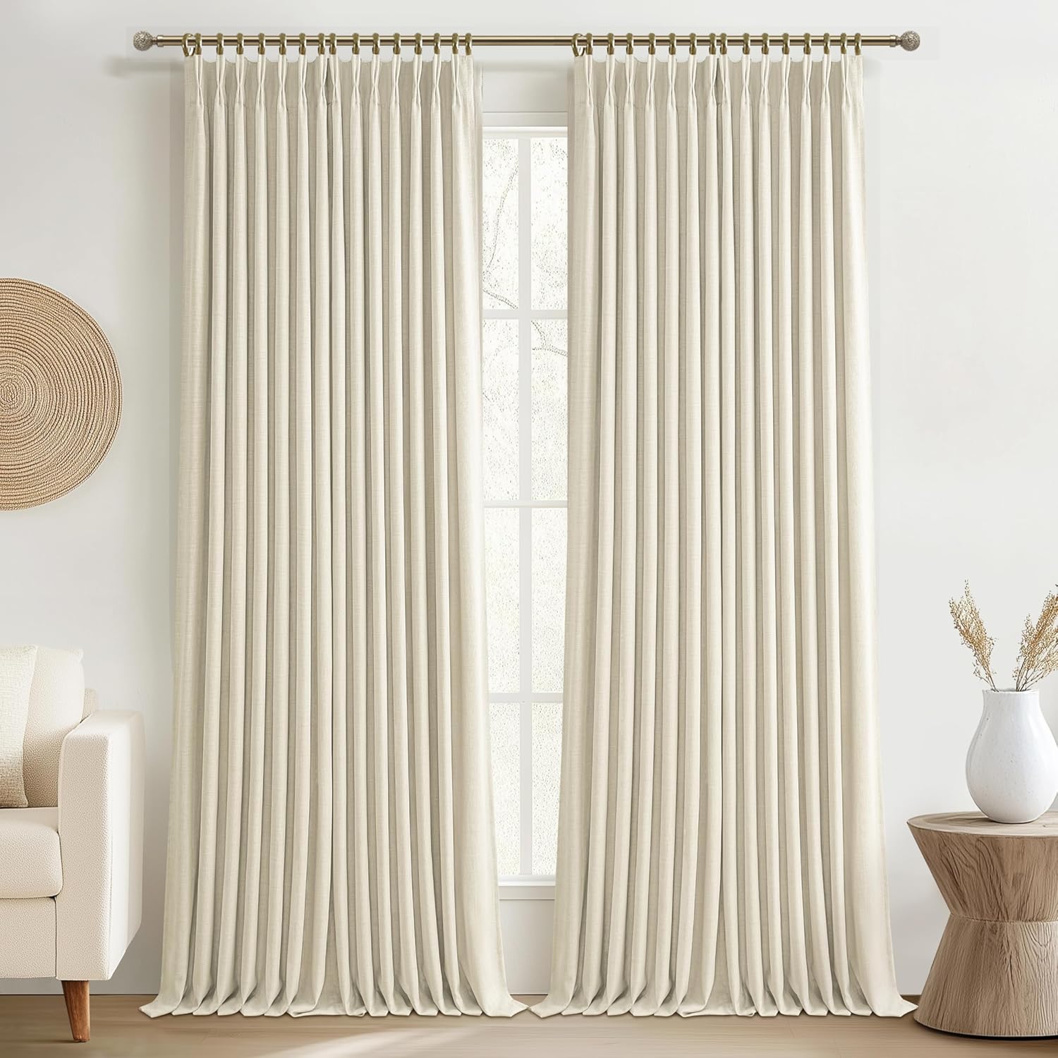 70 Inch Extra Wide Memory Trained Pinch Pleated Blackout Living Room Curtains 108 Inches Long, Warm Beige Linen 2 Layer Black Out Lux Decor Thermal Sound Dampening Curtain 70W x 108L 2 Panels Set