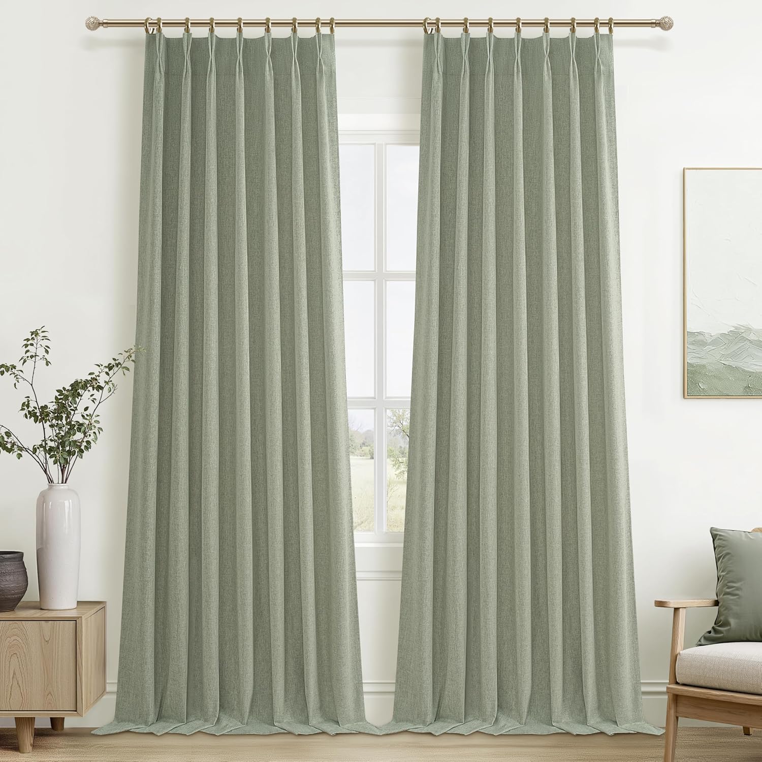 Lush Decor Wide Curtains for Windows 120 to 140 Blackout Linen 108 Inches Long, Pinch Pleated Thick 70 Inch Extra Wide Patio Door Curtain Panels 2 Set Drapes Floor to Ceiling Drapes Heavy Thermal
