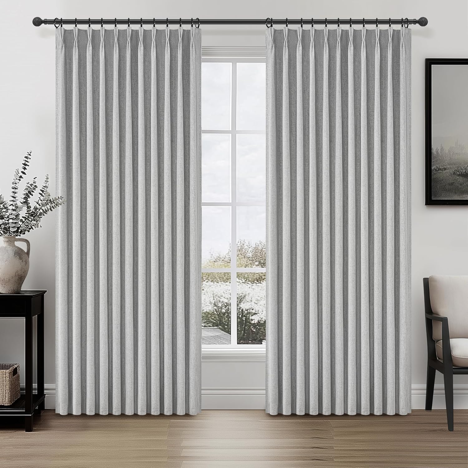 Lush Decor Wide Curtains for Windows 120 to 140 Blackout Linen 108 Inches Long, Pinch Pleated Thick 70 Inch Extra Wide Patio Door Curtain Panels 2 Set Drapes Floor to Ceiling Drapes Heavy Thermal
