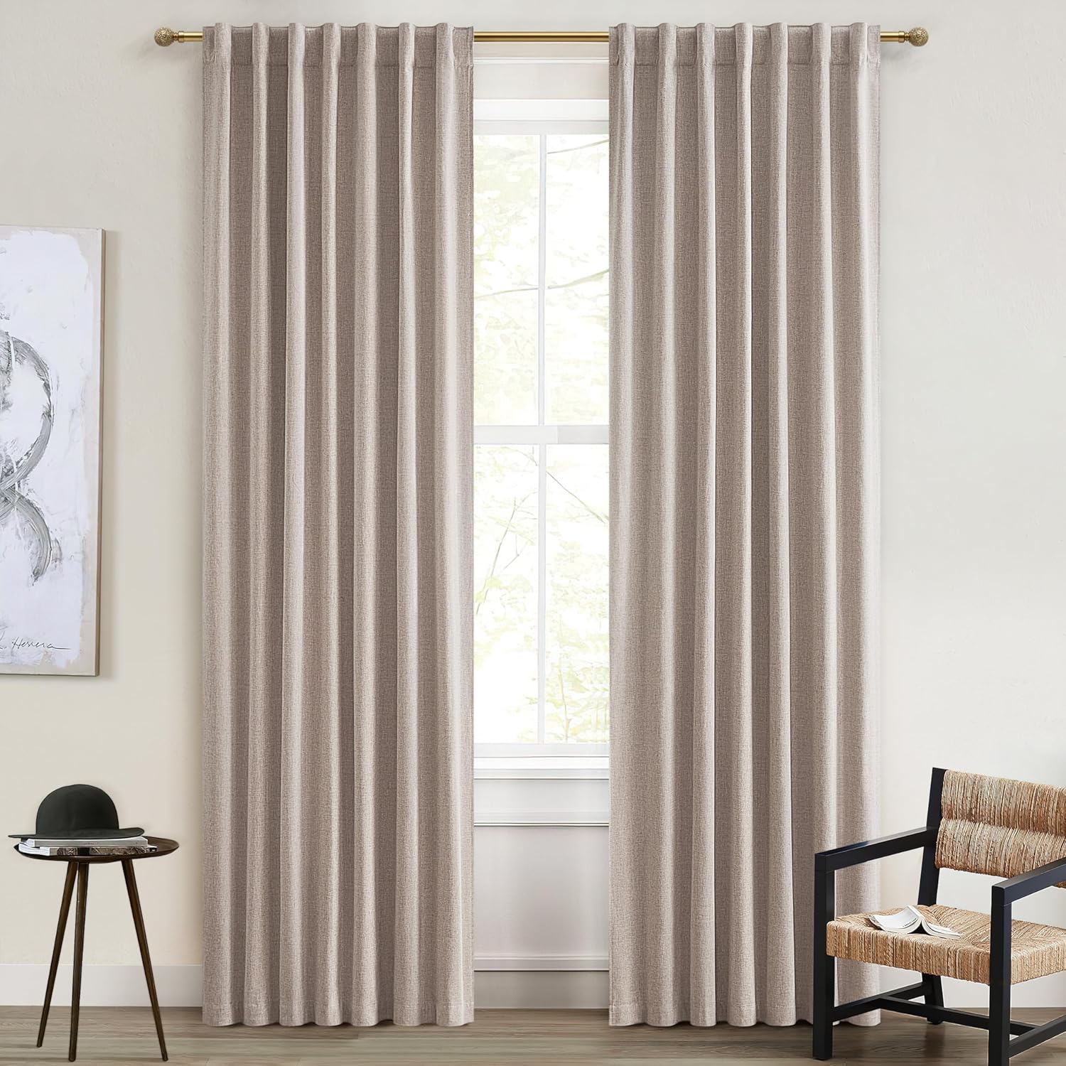 Extra Wide 70 Inch Length Blackout Curtains & Drapes 120 Inches Long 2 Panels Set for Sliding Glass Doors,Modern Pleated Linen Blend Heavy Floor to Ceiling Large Window Drapes(70"Wx120"Lx 2 Natural)