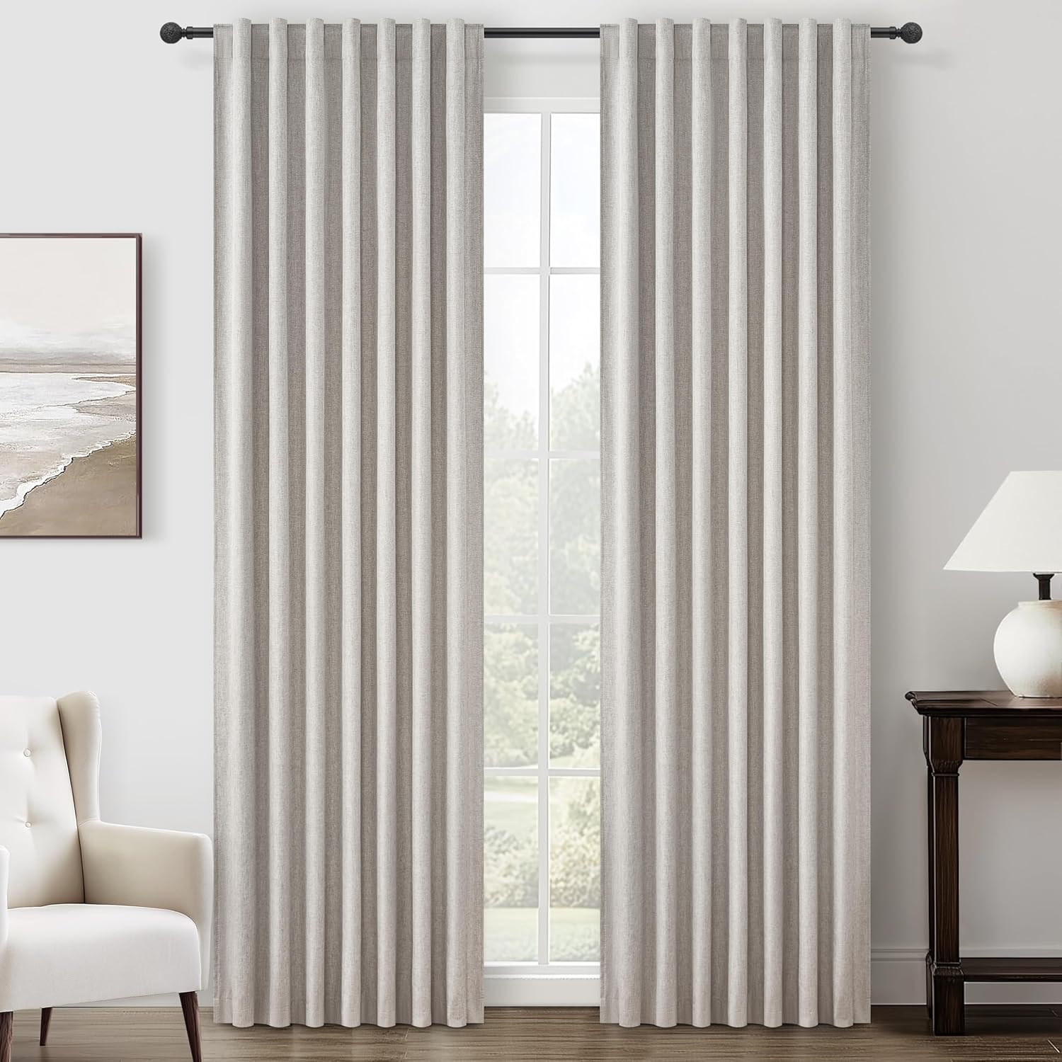 Extra Wide 70 Inch Length Blackout Curtains & Drapes 120 Inches Long 2 Panels Set for Sliding Glass Doors,Modern Pleated Linen Blend Heavy Floor to Ceiling Large Window Drapes(70"Wx120"Lx 2 Natural)
