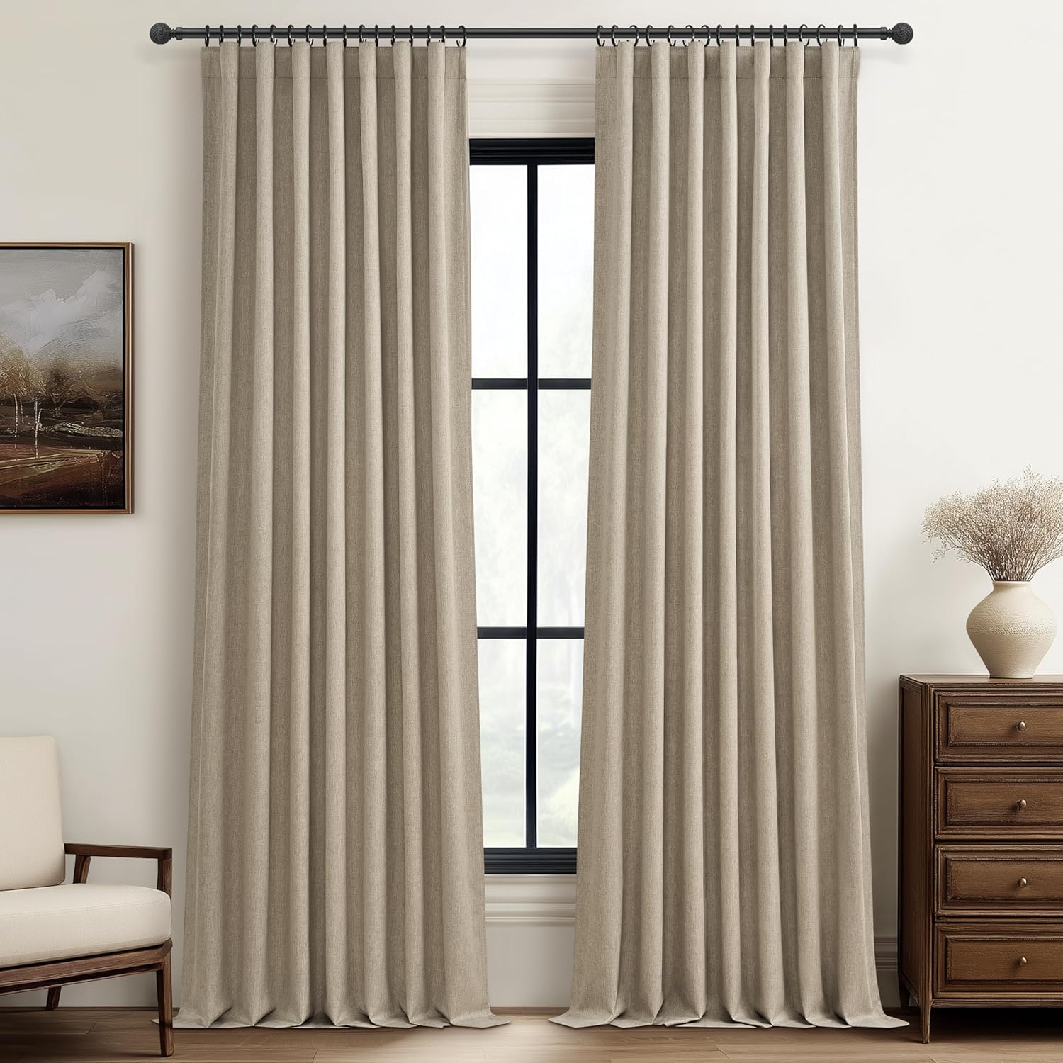 Extra Wide 70 Inch Length Blackout Curtains & Drapes 120 Inches Long 2 Panels Set for Sliding Glass Doors,Modern Pleated Linen Blend Heavy Floor to Ceiling Large Window Drapes(70"Wx120"Lx 2 Natural)