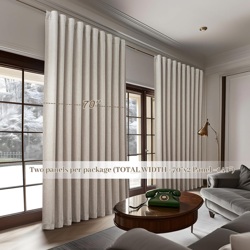 Extra Wide 70 Inch Length Blackout Curtains & Drapes 120 Inches Long 2 Panels Set for Sliding Glass Doors,Modern Pleated Linen Blend Heavy Floor to Ceiling Large Window Drapes(70"Wx120"Lx 2 Natural)